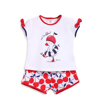 Girls White & Red Printed 2 Pc Set T-shirt with Short Trouser